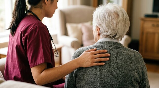 Compassionate nurse comforting elderly patient in home care setting