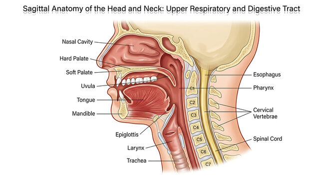 Sagittal section of human head and neck anatomy, upper respiratory and digestive tract