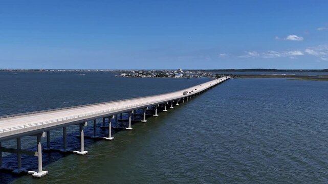 Aerial view of Washington Baum Bridge spanning Roanoke Sound to connect Roanoke Island with Nags Head in Outer Banks, North Carolina.