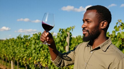 Naklejka premium Black man holds wine glass, inspects red liquid against vineyard background. He looks at drink, smiles. Expertise and appreciation for grapes.