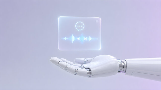 Futuristic white robotic hand holding a holographic voice interface panel with sound wave visualization and chat bubble icon