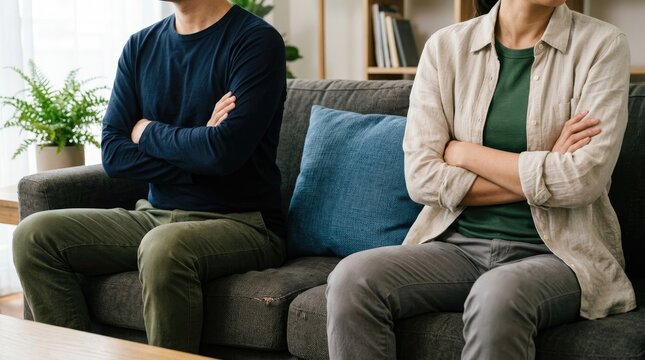 Stressed couple sitting on sofa with arms crossed having a relationship conflict
