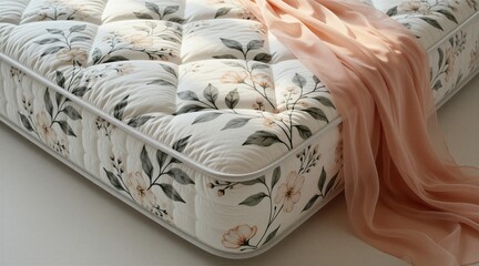Fototapeta premium Soft mattress with delicate floral pattern in white peach and green. A light peach fabric drapes over the edge. Ideal for bedding home decor and sleep comfort concepts.