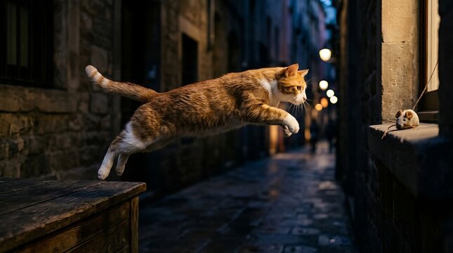 Ginger cat jumping towards a small mouse in a dark city alley at night