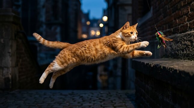Ginger tabby cat jumping to catch a small bird at night in the city