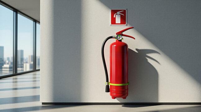 Red fire extinguisher mounted on white wall inside modern office building. Equipment provides emergency protection against flames for workplace safety. Clear sign indicates location for quick access