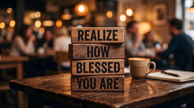 Wooden blocks with inspirational message realize how blessed you are, restaurant