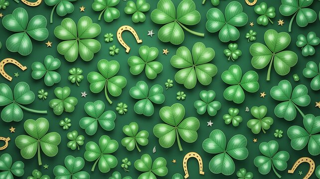 Vibrant green shamrocks featuring lucky gold horseshoes and sparkling stars arranged in a festive pattern background