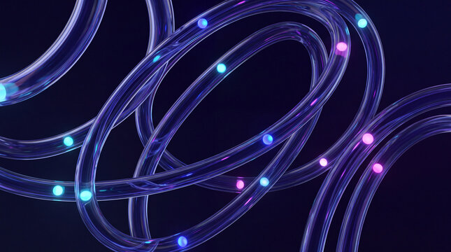 Interlocking violet 3D glass loops scattered with tiny light orbs