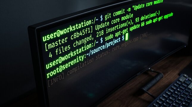 Green terminal command lines displayed on a high resolution computer monitor inside a dimly lit office environment during late night software engineering and coding work sessions