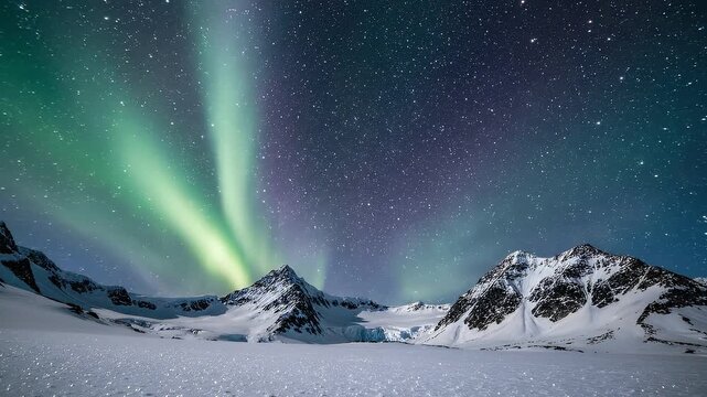 Aurora Borealis Rippling Over Snow Capped Mountain Peaks at Night