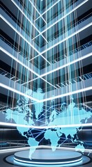 Obraz na płótnie Canvas Abstract digital world map glows with blue lines connecting continents inside modern building. Light beams crisscross ceiling creating futuristic network.