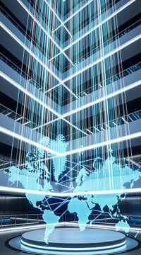 Abstract digital world map glows with blue lines connecting continents inside modern building. Light beams crisscross ceiling creating futuristic network.