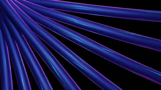 Radiating indigo 3D rods fanning across a black backdrop
