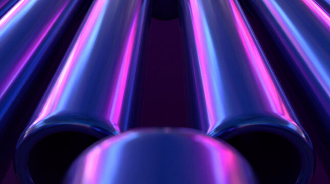 Fanned glossy 3D pipes rendered with pink and blue highlights