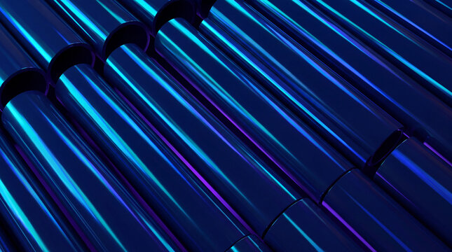 Diagonal glossy 3D pipes streaked with cyan and purple light