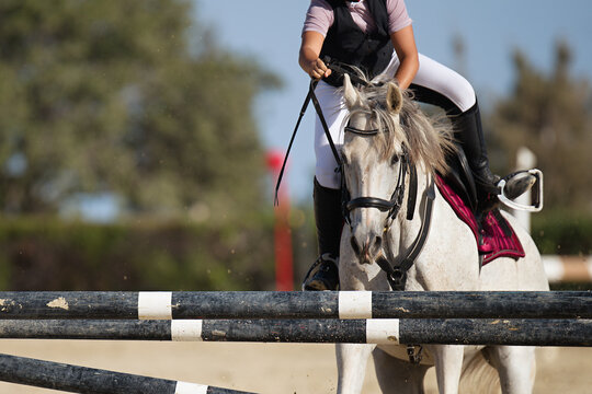 Horse show jumping accident, young rider falling from horse during a competition