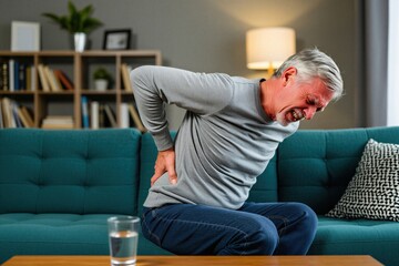 Fototapeta premium Elderly man with grey hair feels sharp back pain sitting on sofa at home. Senior male touches lower lumbar area suffering from acute spine ache. Mature guy experiences discomfort health problems,