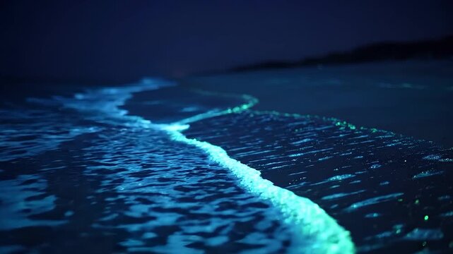 Glowing Bioluminescent Waves Washing Onto a Dark Sandy Beach at Night