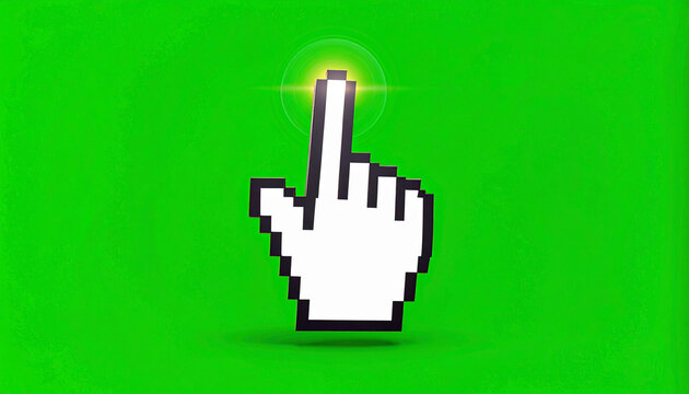 Pixelated Hand Cursor Icon Clicking on a Glowing Digital Button with a Lens Flare Effect on a Vibrant Green Background
