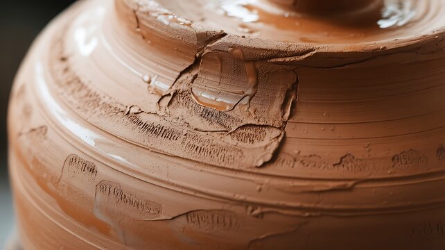 Wet brown clay pot spinning on a pottery wheel featuring intricate textures and smooth wet surfaces
