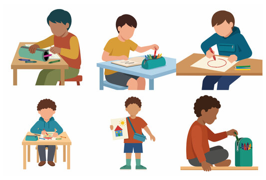 Set of diverse school boys illustrations drawing, writing, and organizing stationery supplies. Creative kids back to school concept in flat vector style.