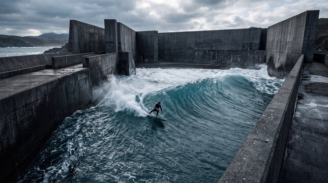Surfer Riding Wave Inside Concrete Harbor Structure