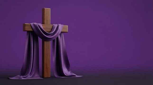 Wooden cross with purple cloth on a dark background
