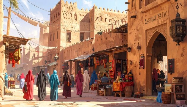 Colorful Robed Women Walk Through Busy Desert Street with Market Stalls