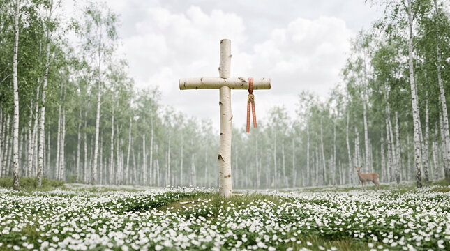 Wooden Memorial Cross in Birch Forest with White Flowers