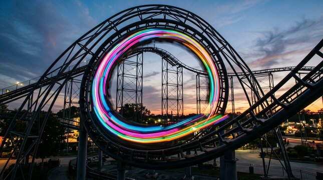 Roller Coaster Loop with Motion Light Trails at Sunset