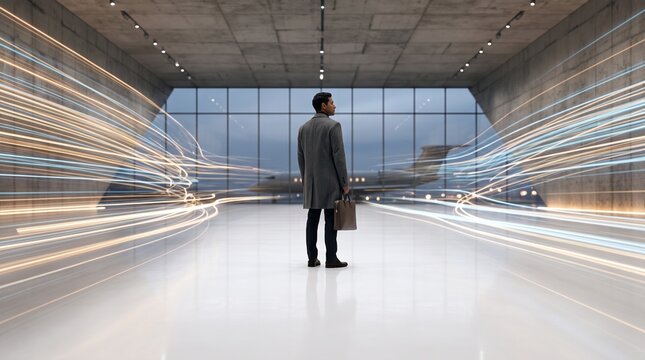 Executive Standing in Futuristic Terminal Looking at Private Jet