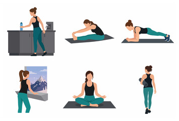Fototapeta premium Vector illustration set of a young woman practicing various yoga poses, meditating, and maintaining a healthy fitness routine at home.