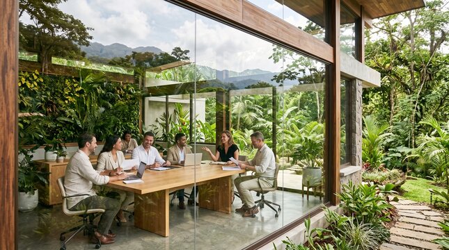 Business Team Having Meeting in Modern Eco-Friendly Glass Office