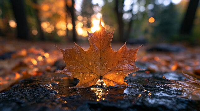 Autumn Maple Leaf on Wet Ground at Sunset