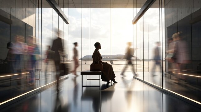 Woman Waiting in Modern Airport Terminal with Busy Travelers