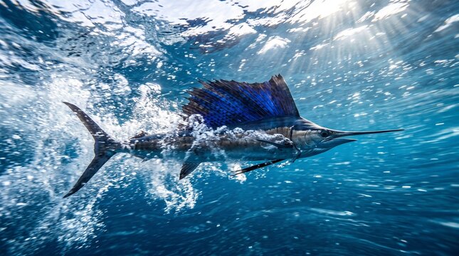 Sailfish Swimming at High Speed Underwater in Ocean