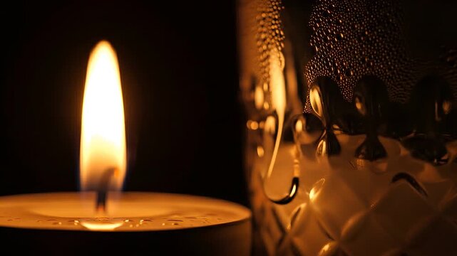 Candle Flame Flickering Beside a Condensation Covered Glass