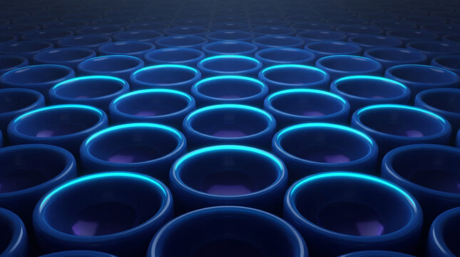 Perspective 3D circle array rendered with scattered cyan glow