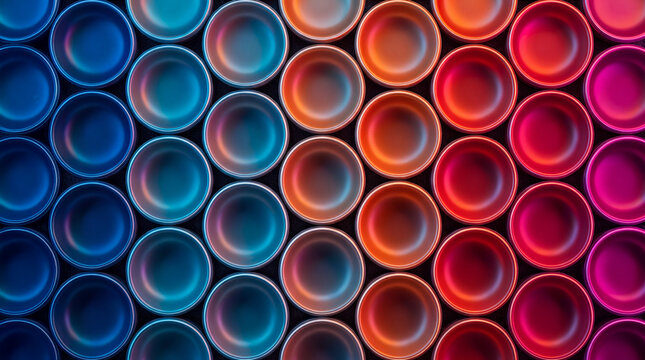 Rows of glossy 3D wells shifting from blue to pink