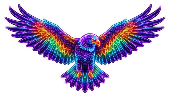 Vibrant neon eagle illustration, majestic bird of prey with colorful glowing feathers, artistic eagle flying on white background