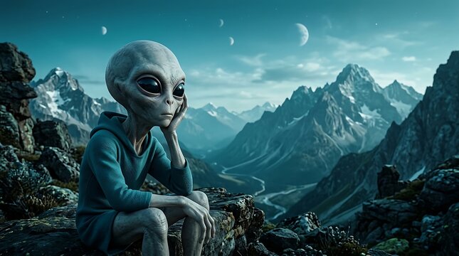 Sad green alien sitting on a rocky cliff looking at mountains