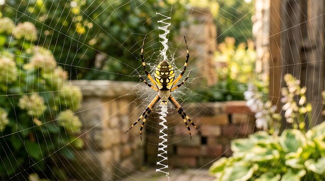 Garden spider sitting on a zigzag web in a sunny backyard garden