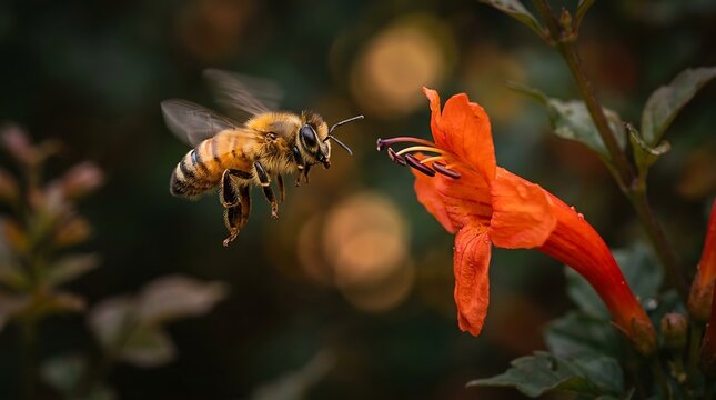 Honey bee flying near a bright orange trumpet vine flower in the garden