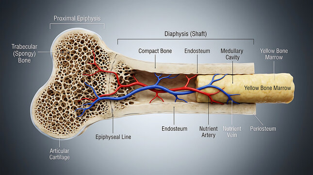 Long bone internal anatomy visual cross-section, labeled diagram