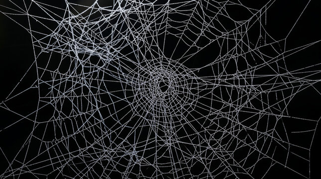 Intricate spider web glowing white against a deep black background creating a mysterious and spooky atmosphere