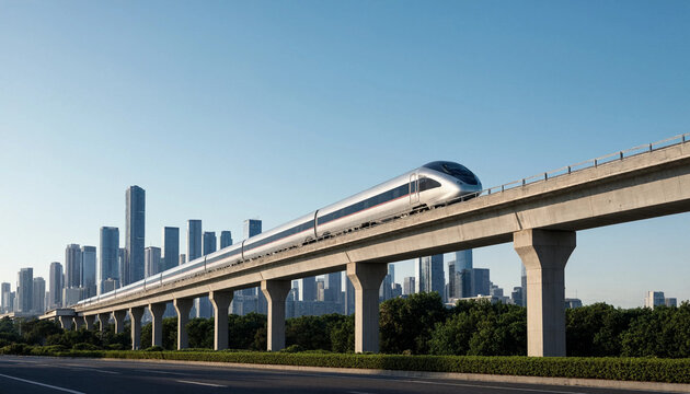Sleek modern monorail train moving along elevated track under blue sky past urban skyline with monorail transportation elevated commuter architecture infrastructure building skyscraper