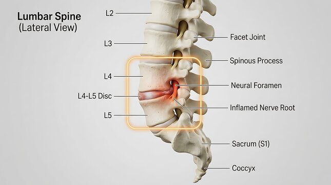 Lumbar spine lateral view with l4-l5 disc inflammation and nerve root