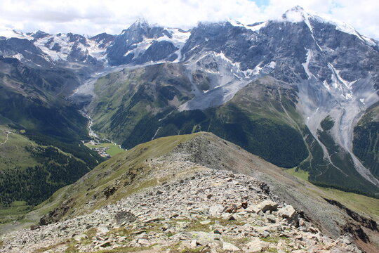 Rocky ridge overlooking Solda and the Ortler massif, South Tyrol