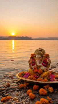 Beautiful idol of Lord Ganesha decorated with marigold flowers near the river